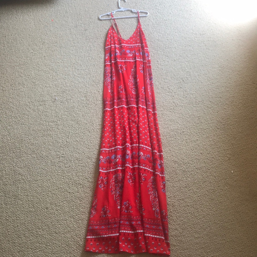 Red with blue and white detailing maxi dress.